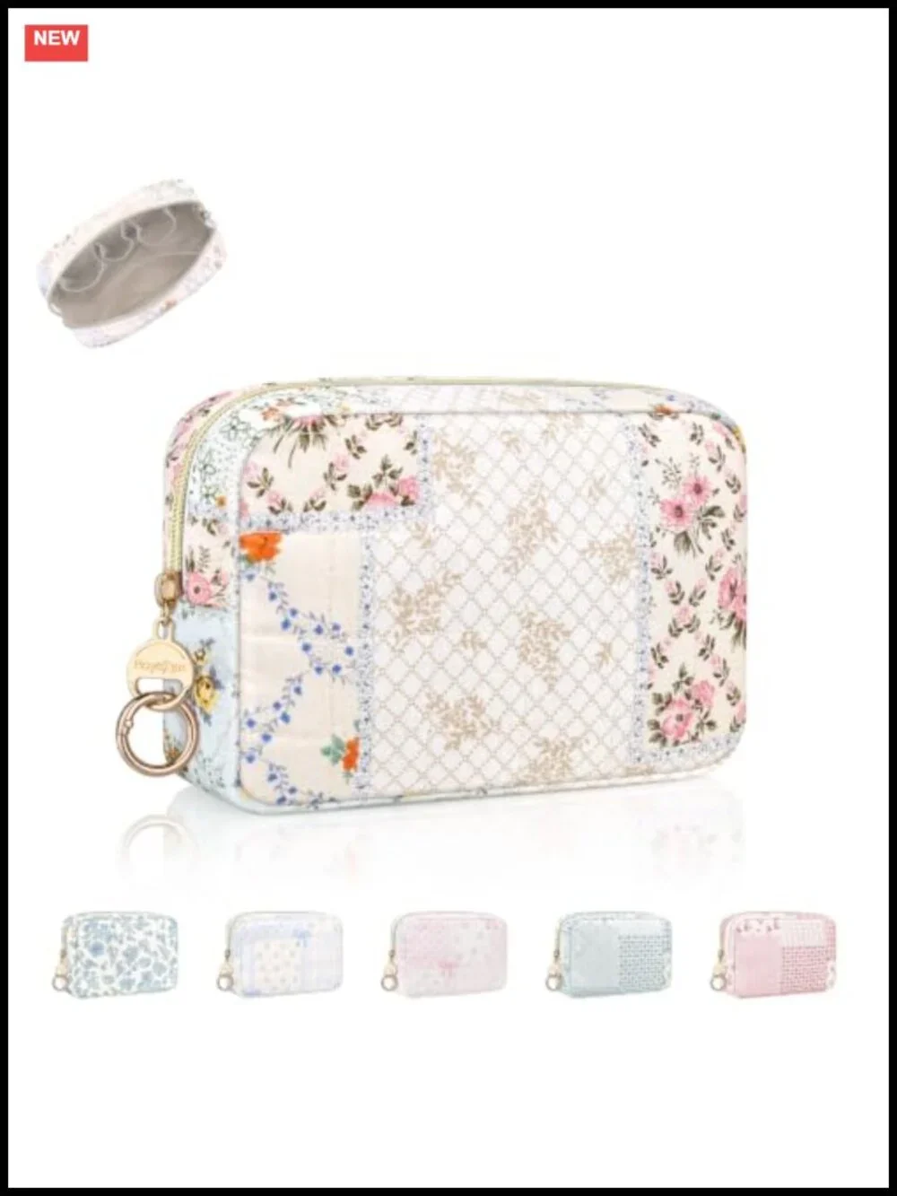 Quilted Cotton Cosmetic Pouch with Multiple Pockets, Travel Makeup Bag with